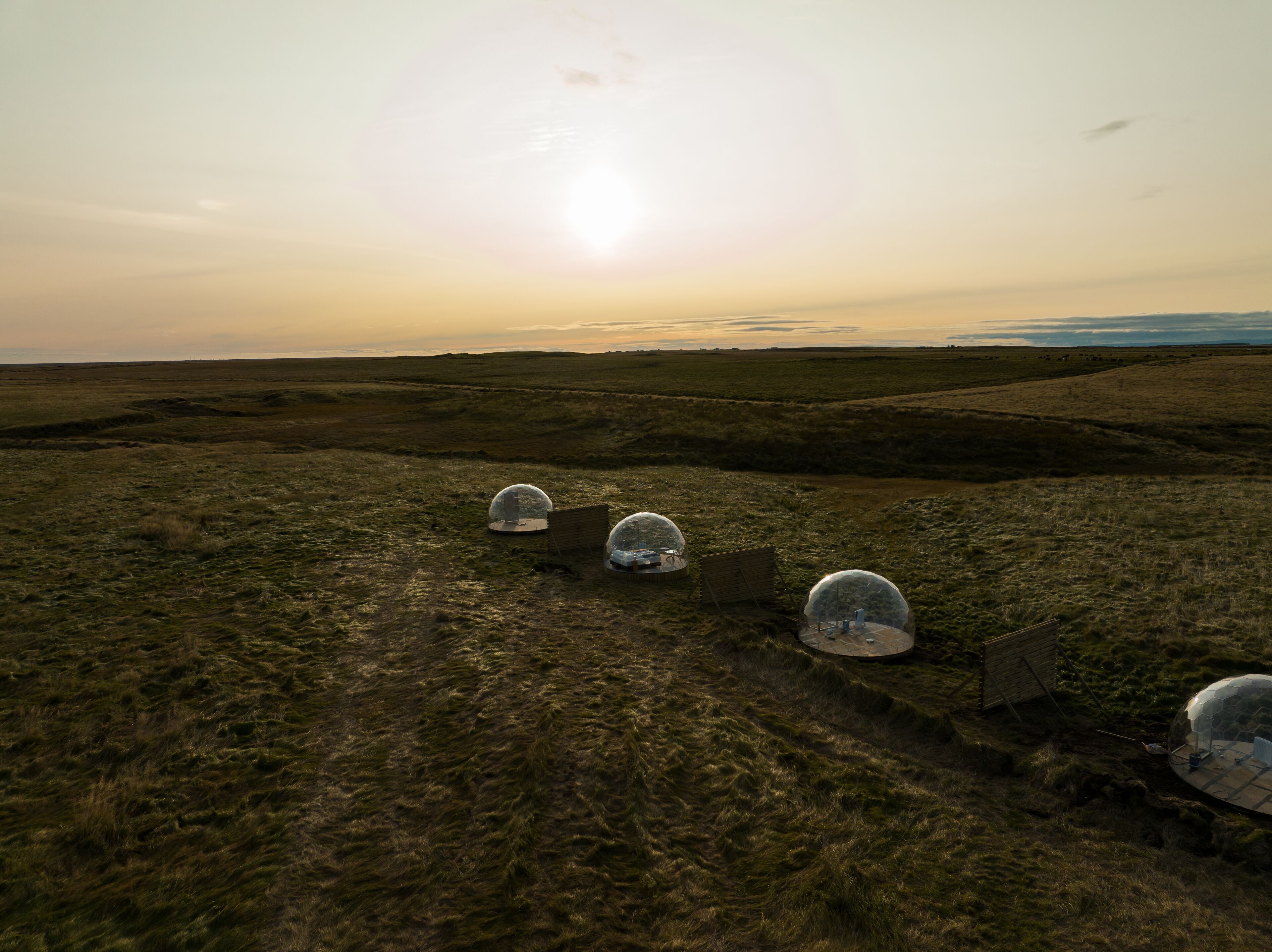 Three transparent domes in an open field with a sunset in the background.