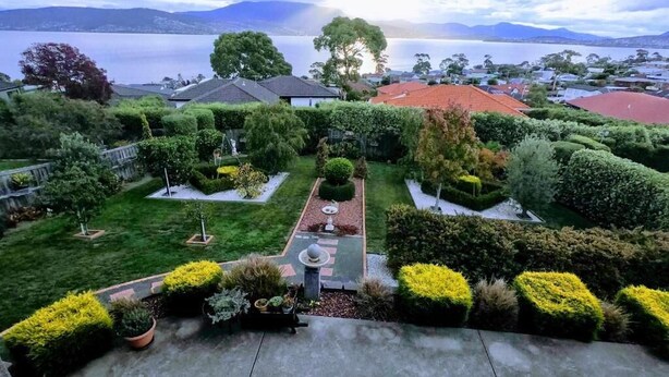 A well-maintained garden with various shrubs and a central pathway.