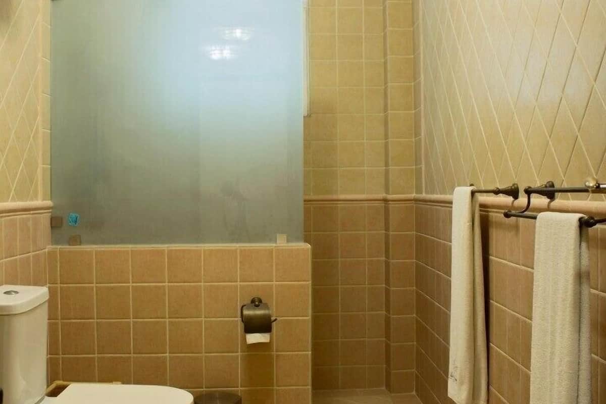 deluxe twin | bathroom | shower, hair dryer, slippers, bidet