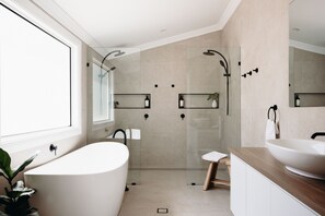 Shower, hair dryer, towels, soap