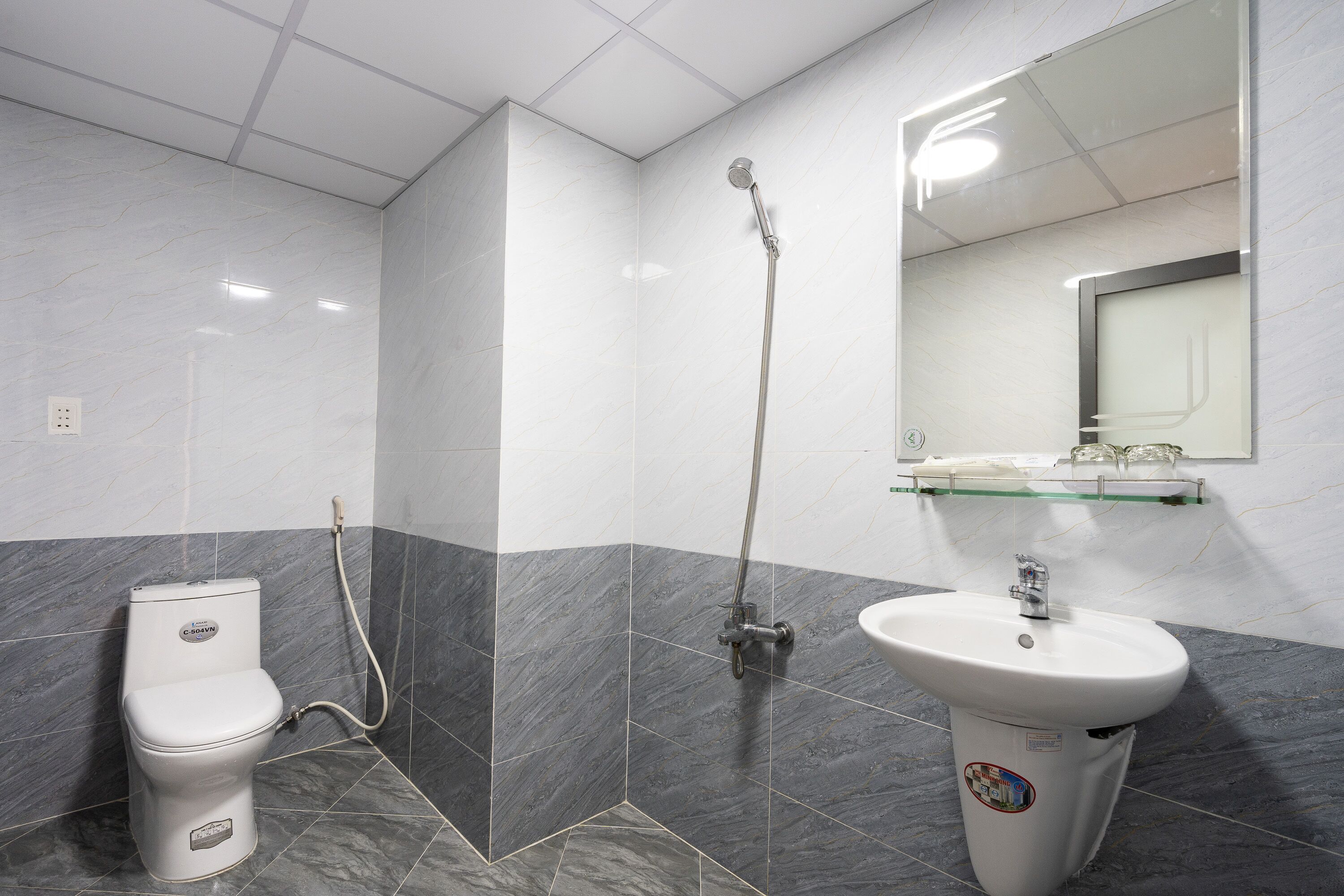 Une salle de bain avec des toilettes, une douche et un lavabo.