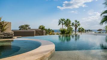 A resort pool with a curved edge, palm trees, and a view of the ocean.