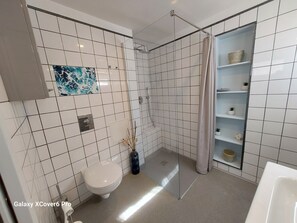 Hair dryer, towels, soap, toilet paper