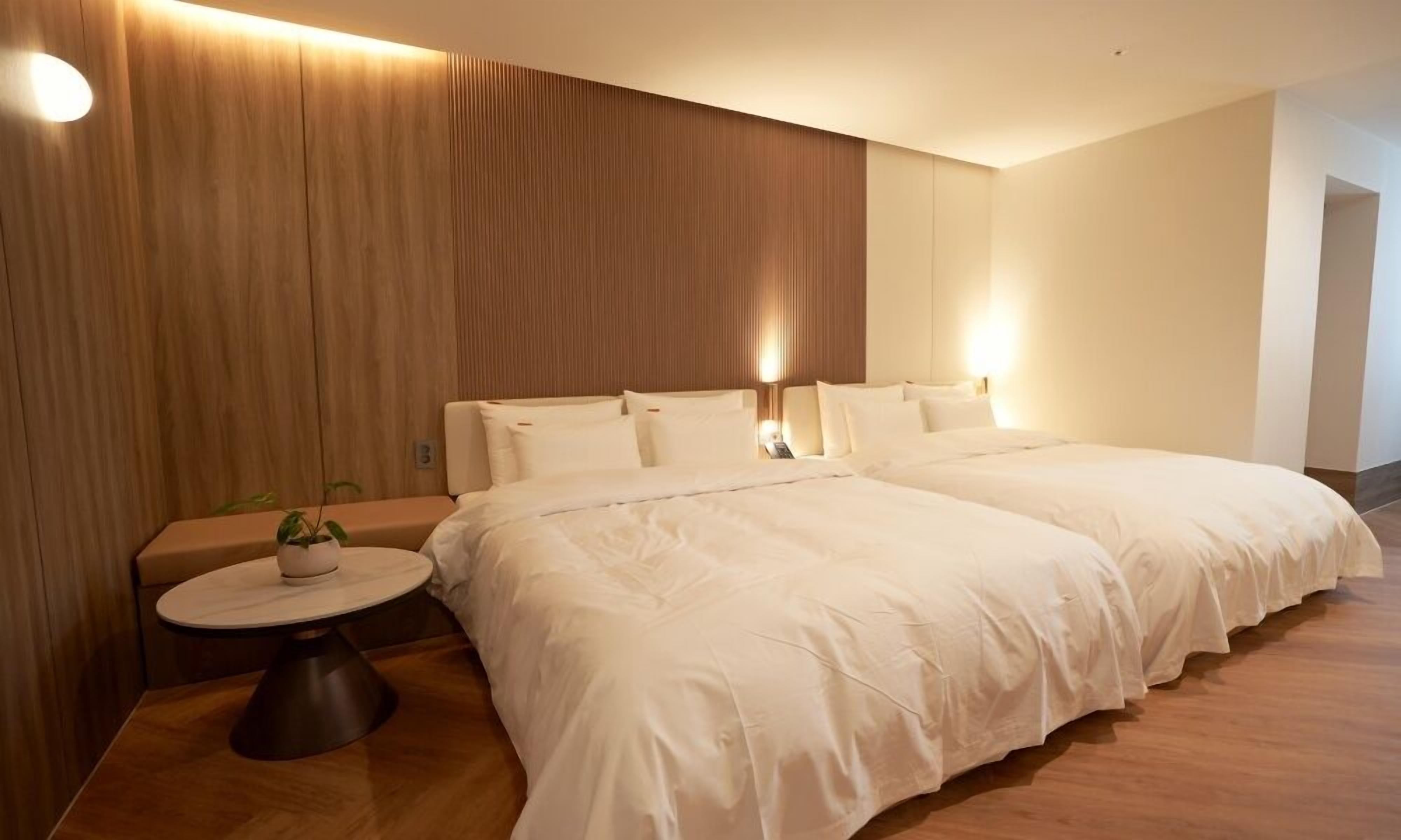 Una habitación de hotel moderna con una cama grande, mesitas de noche, una mesita redonda pequeña y una planta en maceta.