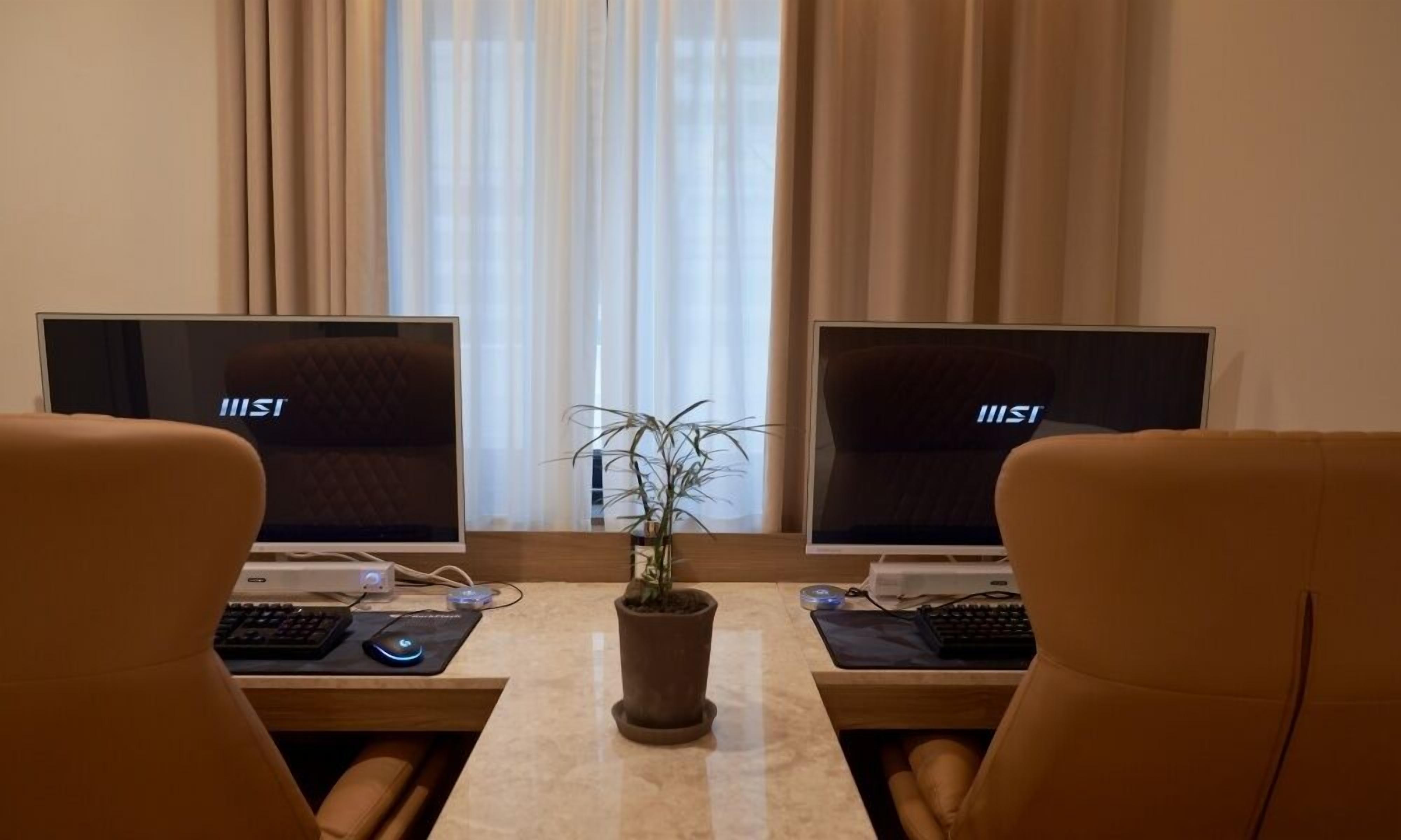 A workspace with two monitors, a keyboard, a mouse, and a potted plant.
