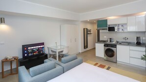 Un appartement moderne comprenant un espace de vie, une petite cuisine et une buanderie.