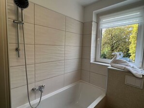 Hair dryer, towels, soap, toilet paper