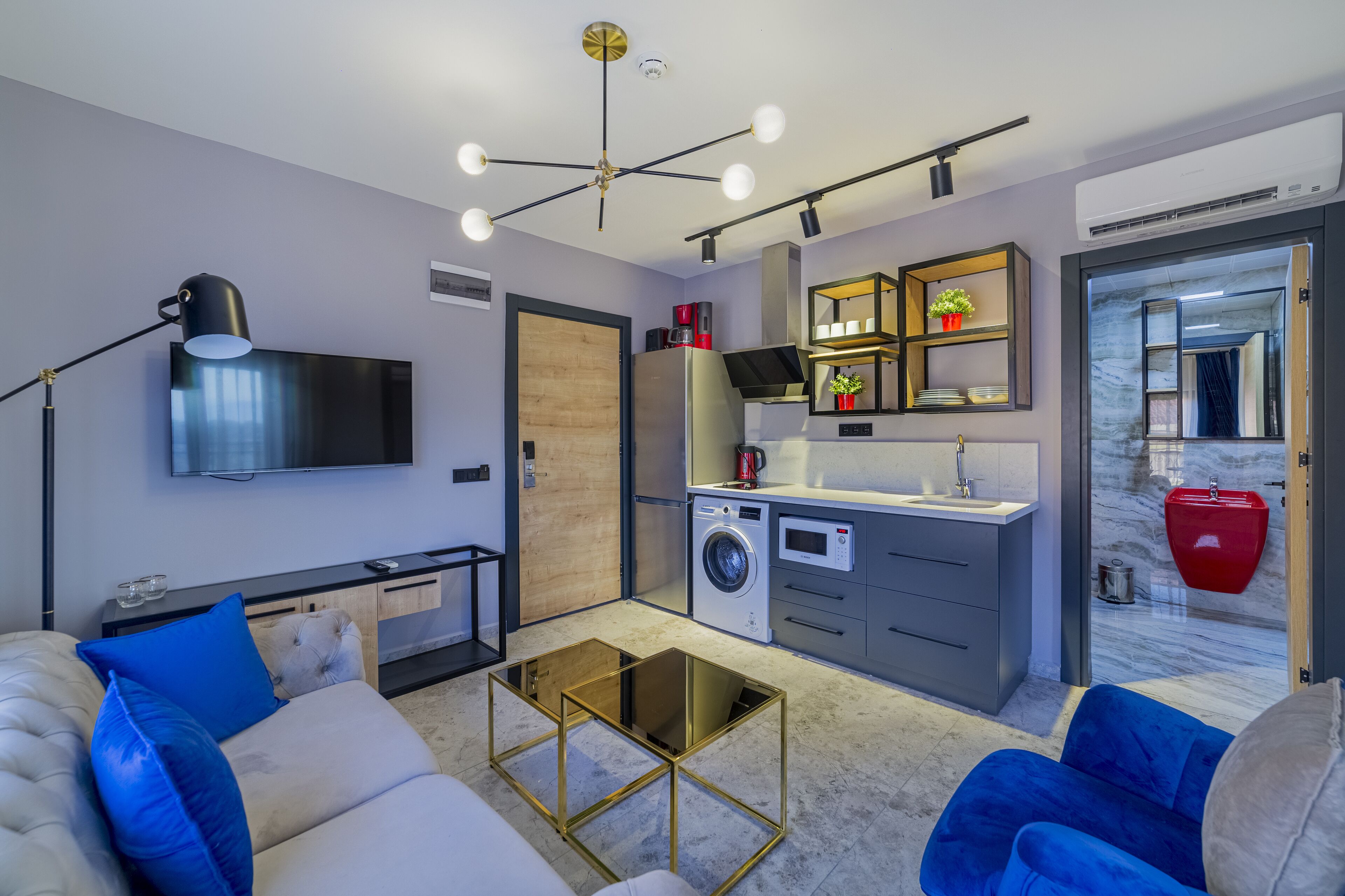 A modern apartment with a living room, kitchen, and bathroom. It includes a sofa, coffee table, TV, washing machine, and a red toilet.