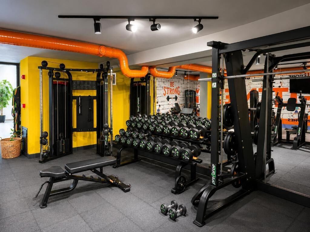 Uma academia com equipamentos de musculação, bancos e halteres.