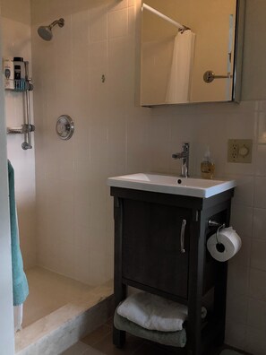 Dusche, Haartrockner, Handtücher, Seife
