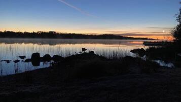 A serene lakeside scene with a wooden dock extending into the water, surrounded by natural vegetation.
