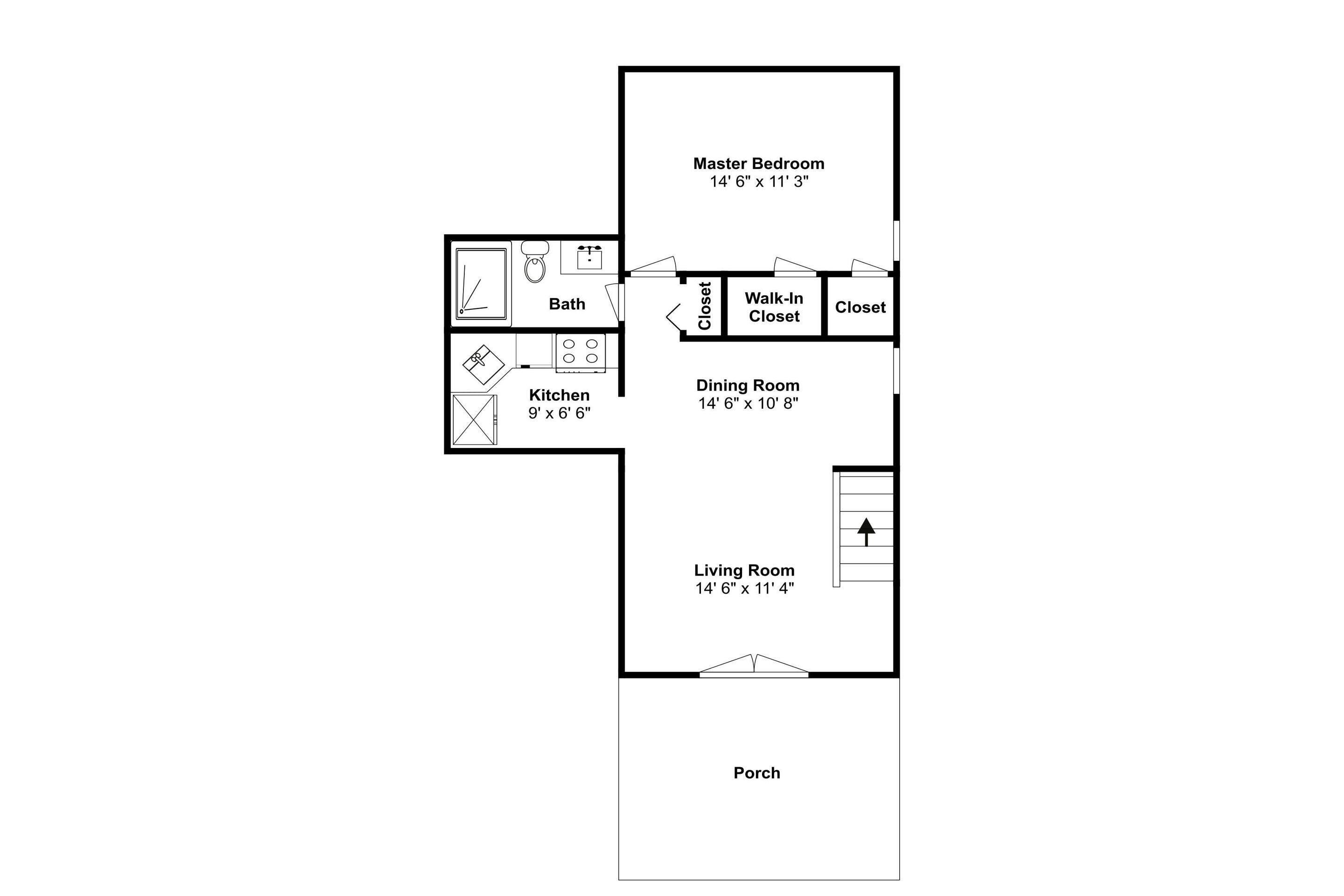A floor plan of a hotel room with a master bedroom, dining room, living room, kitchen, bathroom, and two closets.