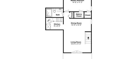 A floor plan of a hotel room with a master bedroom, dining room, living room, kitchen, bathroom, and two closets.