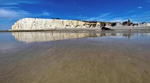 A beach with a cliff, calm water, and buildings in the background.