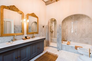 Premium Double Room | Bathroom | Separate tub and shower, rainfall showerhead, hair dryer, towels