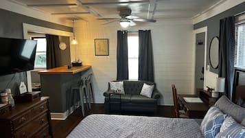 Ein Schlafzimmer mit einem Bett, einem Schreibtisch, einem Sofa, einem Fernseher und einem Deckenventilator.