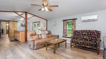 Smart TV, fireplace, DVD player, books