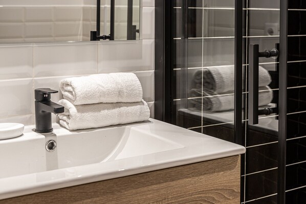 Shower, hair dryer, towels