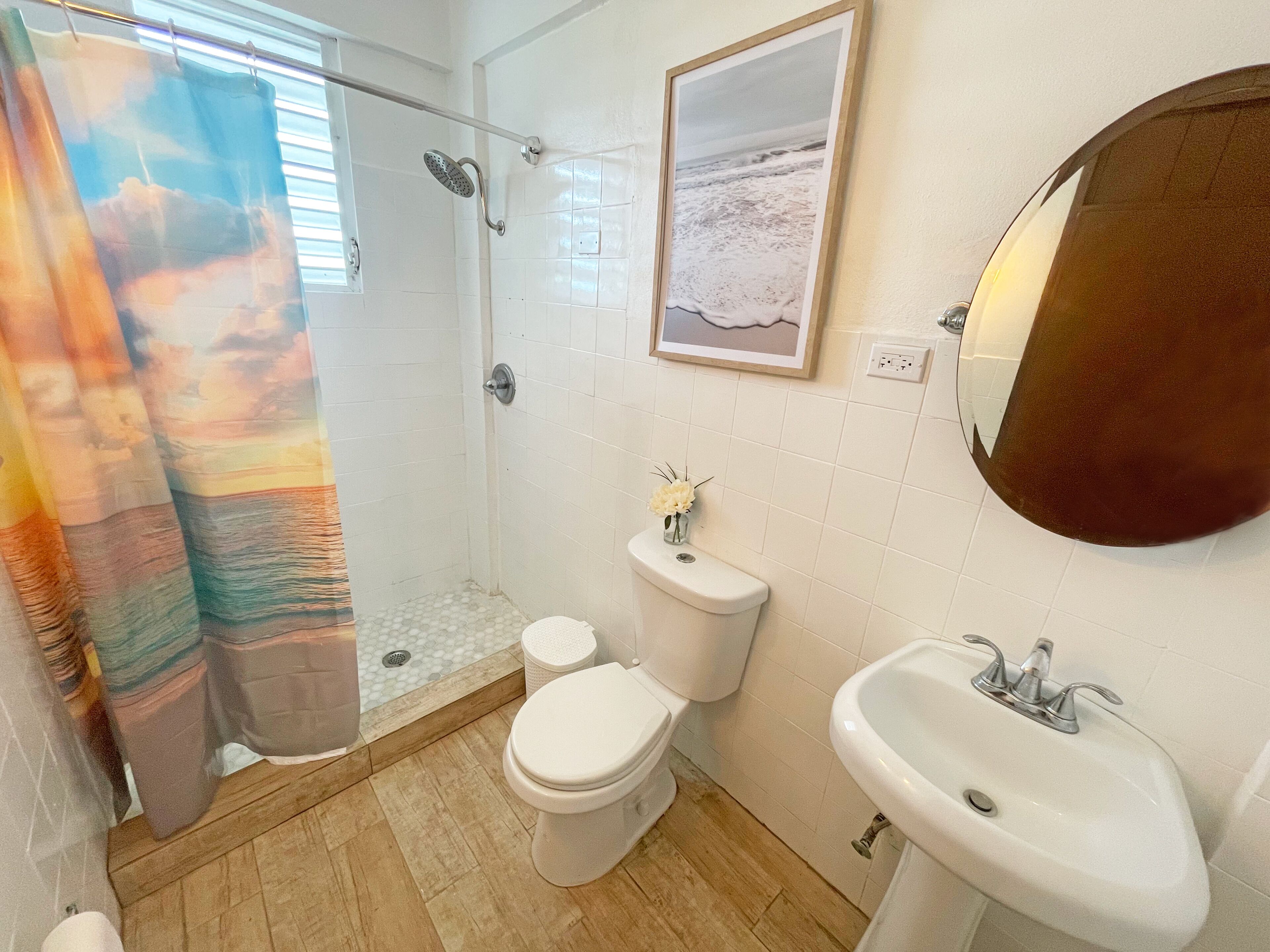 Hair dryer, towels, soap, shampoo