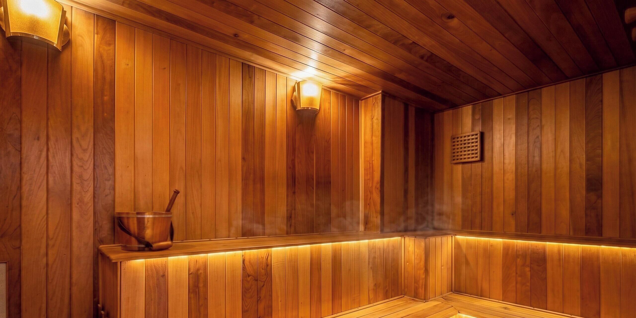Un sauna en bois avec un banc, un seau et un radiateur fixé au mur.