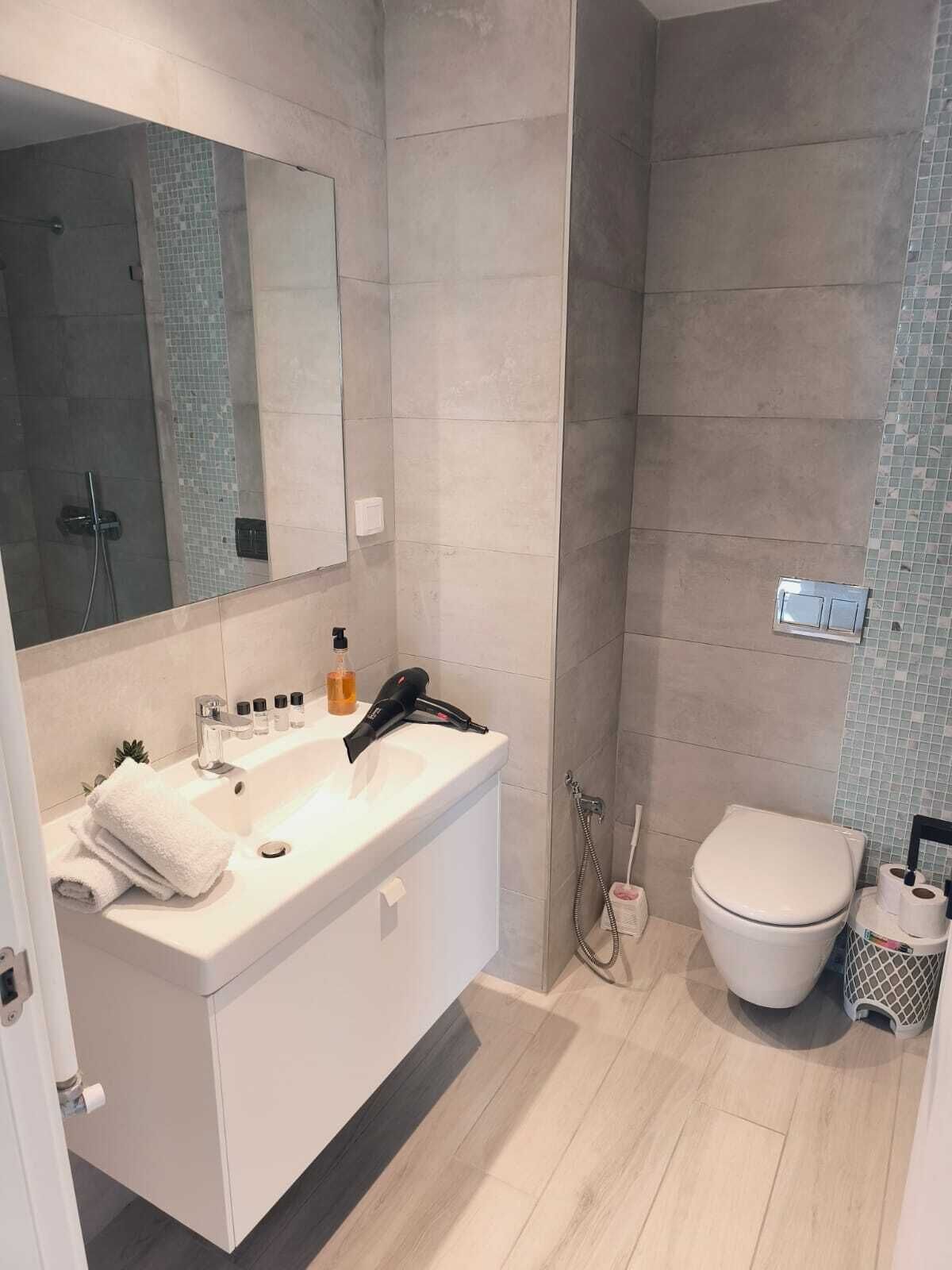 Een moderne badkamer met een ruime badkuip, een wastafel met toiletartikelen, een toilet en een douchehoek.