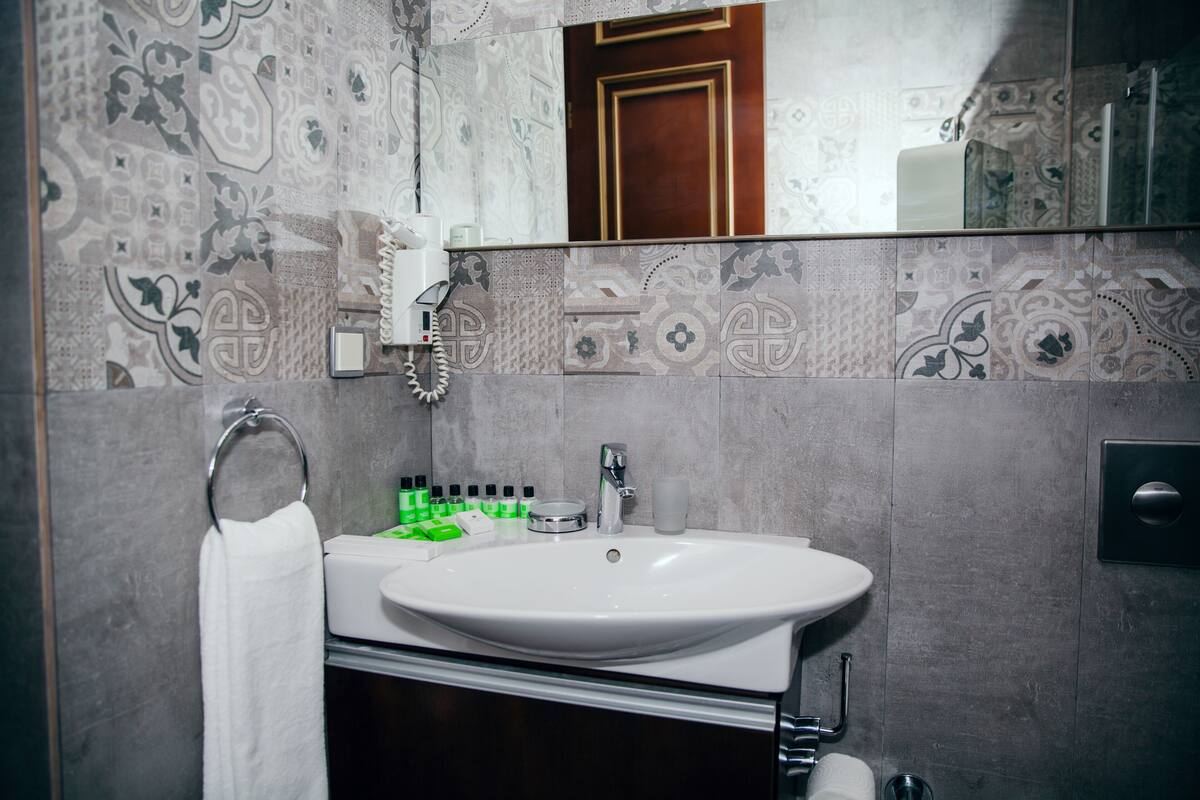 A bathroom with a white sink, a mirror, a towel ring, and patterned tiles.
