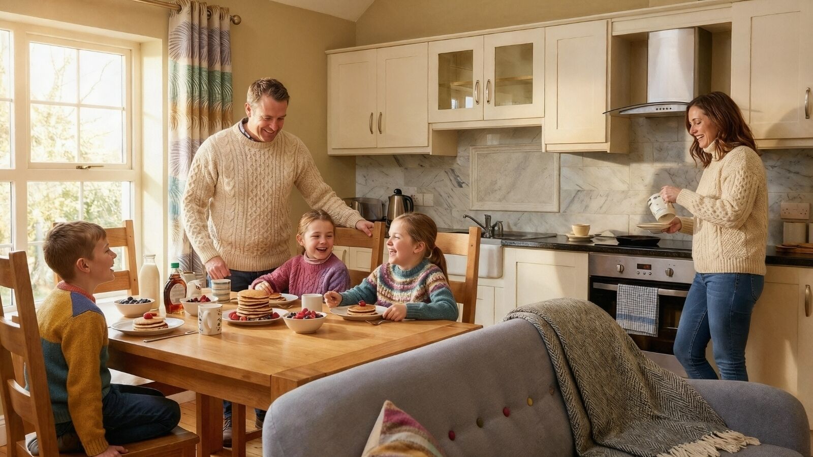 A family dining in a kitchen with a marble countertop, wooden cabinets, and a large window.