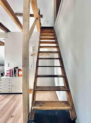 Explore a multi-level living space with a lofted area accessible by a wooden ladder.