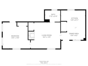 A floor plan with a bedroom, living room, dining area, kitchen, and bathroom.