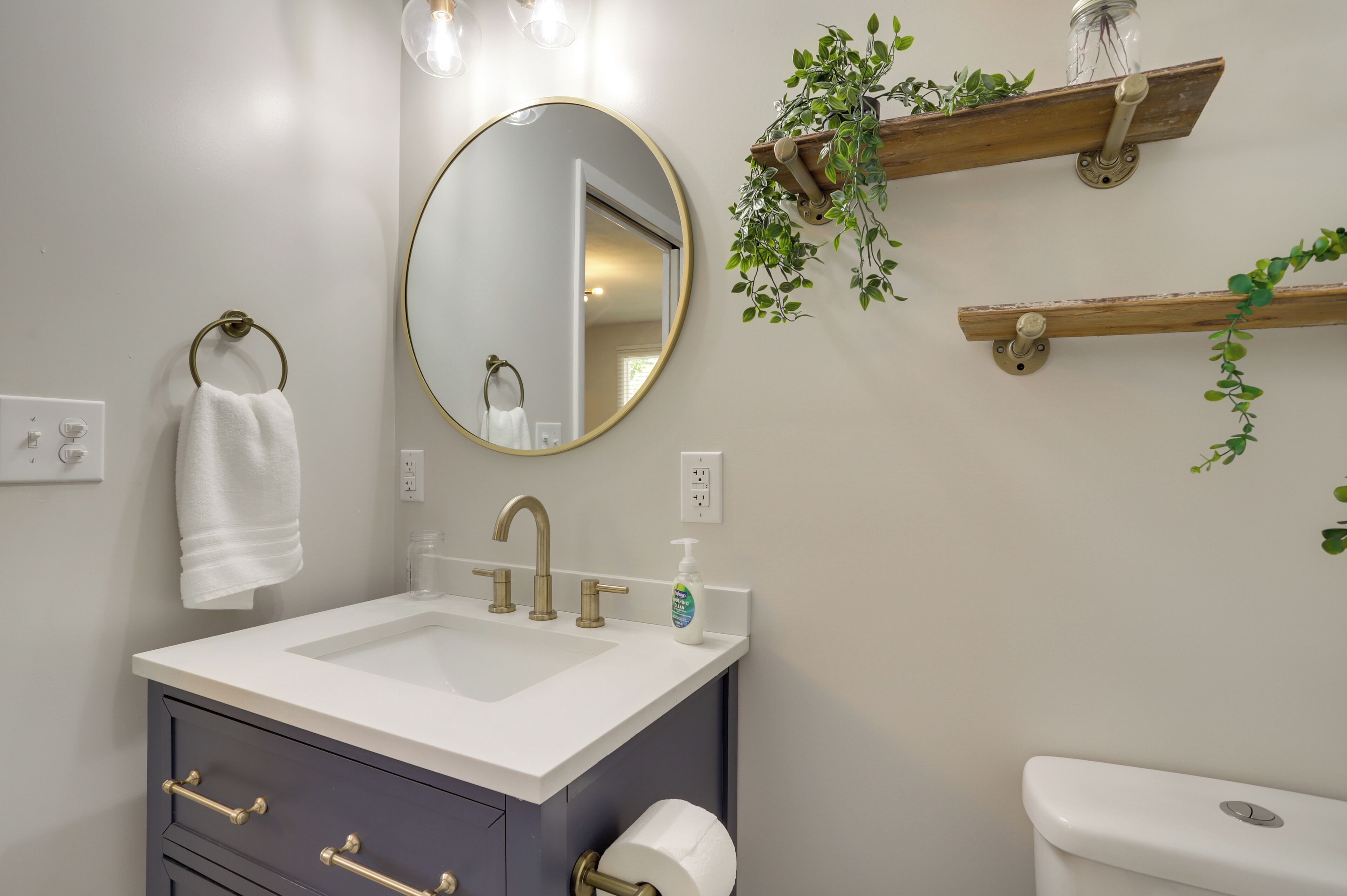 A bathroom with a white sink, gold faucets, a round mirror, a towel ring, a toilet, and wooden shelves with plants.