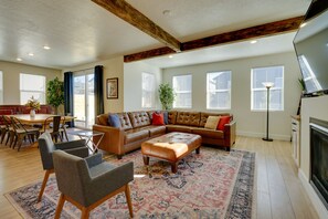 TV, fireplace, books