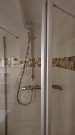 Shower, towels, soap, toilet paper