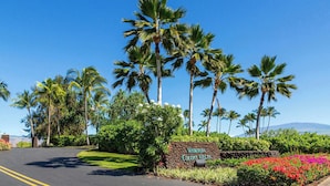 A sign for Waikoloa Colony Villas with a road leading to it, surrounded by palm trees and lush greenery. - Honu Harmony Pools, Golf Privileges, & More (Waikoloa)