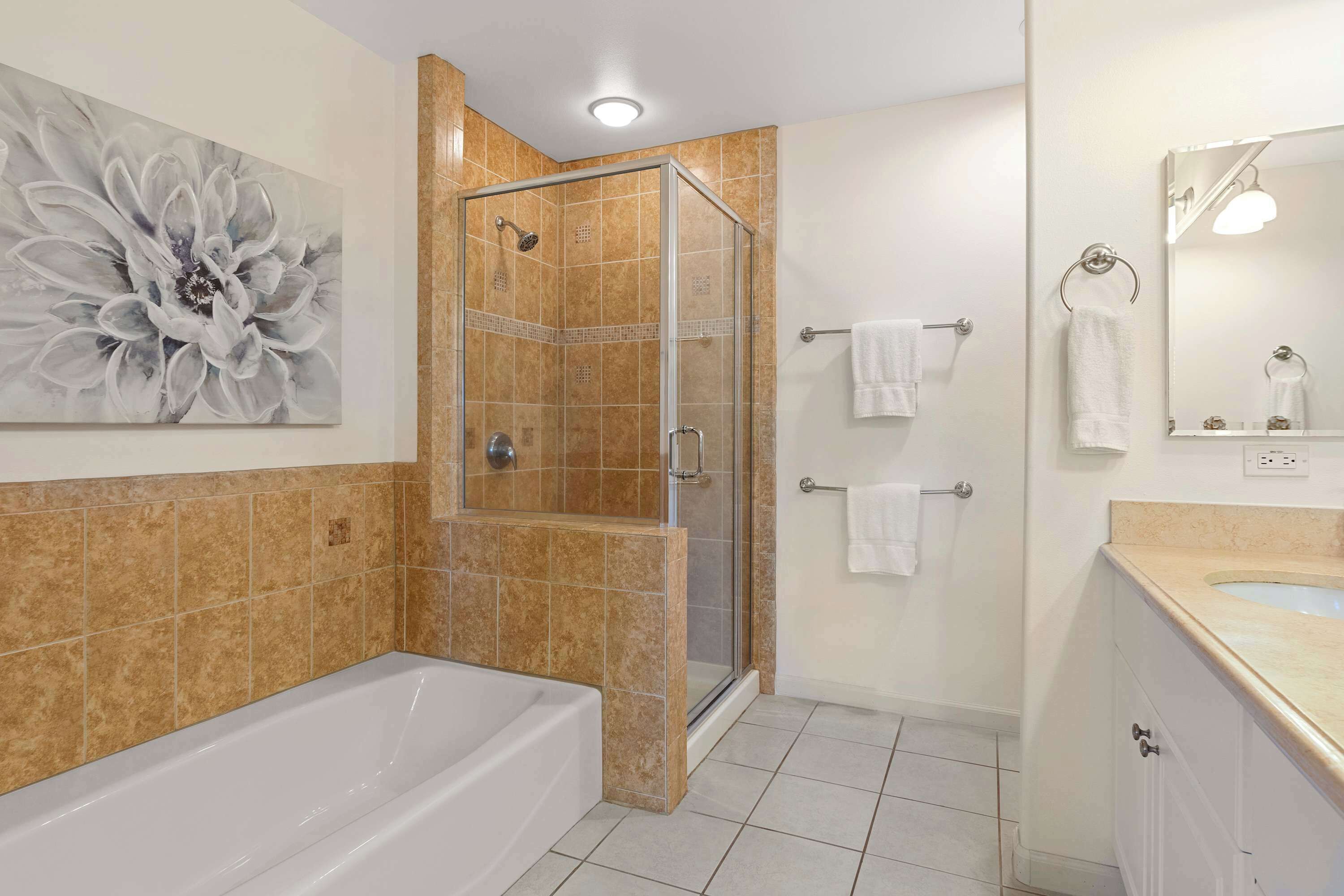 A modern bathroom with a glass-enclosed shower, a bathtub, and a sink with a mirror.