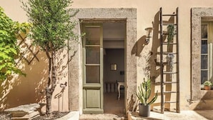 A building entrance with a door, a small garden area with a tree and a cactus, and a ladder leaning against the wall. - Logement Touristique Villa Eugénie (Lezignan-Corbieres)
