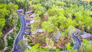 A residential area with winding roads, houses, and dense forest. - Pilot Cove Forest Lodging (Pisgah Forest)