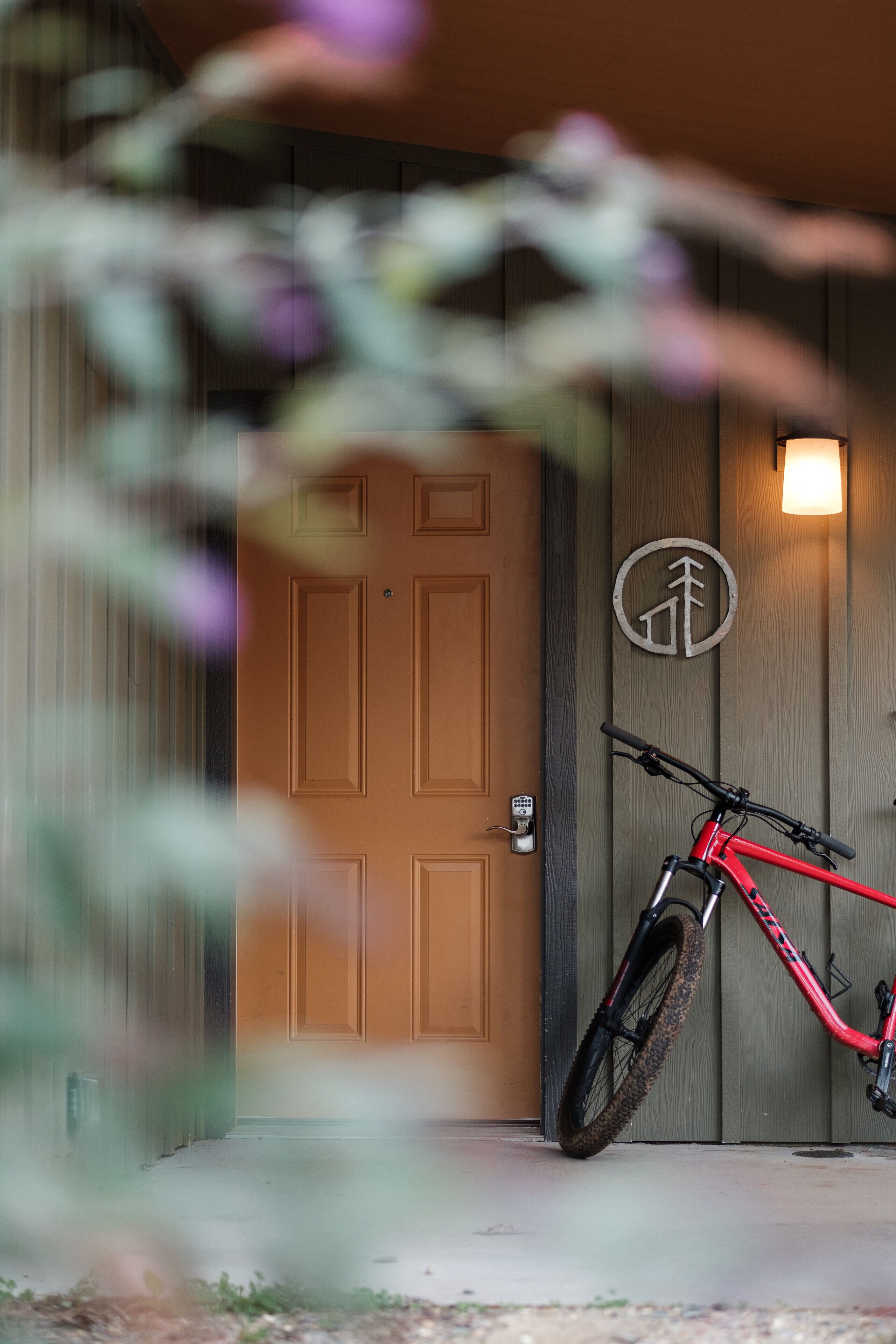 A red bicycle leaning against a wooden door with a mailbox and a light fixture above it.