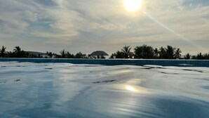 A pool with a clear sky and palm trees in the background.