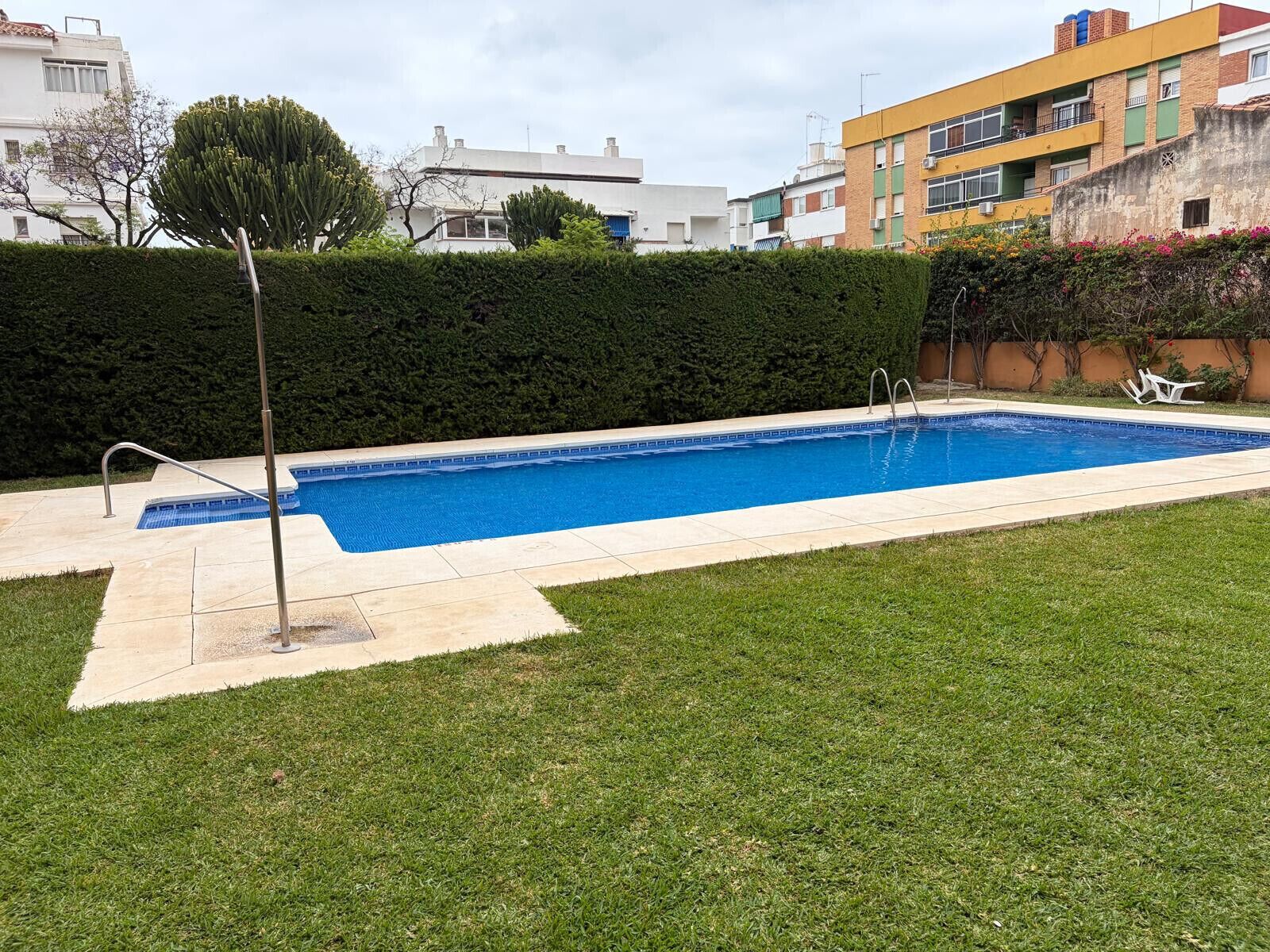 Una piscina rettangolare con una scala in metallo su un lato, circondata da un prato curato e un siepe.