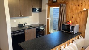Una cocina compacta con lavavajillas integrado, microondas y un lavamanos pequeño.