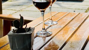 Two wine glasses on a wooden table with a cactus in a pot. - Rua Professor Nelson Rabello (Marica)