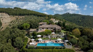 Eine Villa mit Swimmingpool, umgeben von üppiger Vegetation und Hügeln.