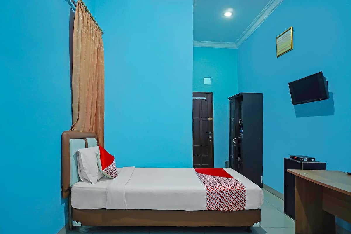 A room with a bed, a desk, a television, and a wardrobe.