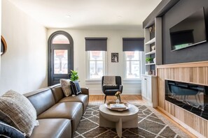 TV, fireplace, books