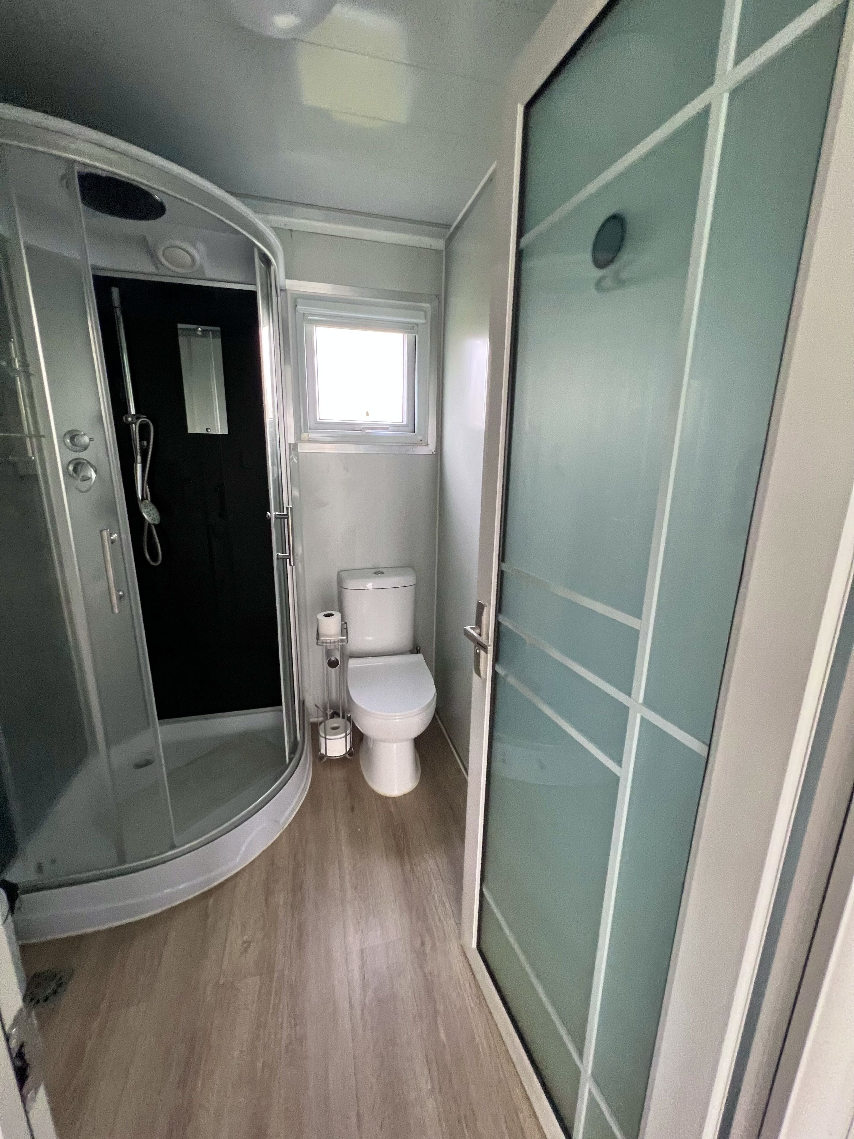 Shower, towels, soap, shampoo