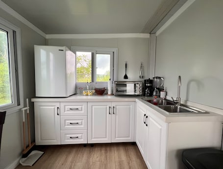 Fridge, oven, stovetop, coffee/tea maker. Comfy and cozy mini house sitting on a beautiful 1500 meter lot. Great location!