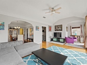 Townhome, Kitchen | Living area | 50-inch flat-screen TV with digital channels, TV - Relax & Getaway - Chic Belmont Shore Duplex (Long Beach)