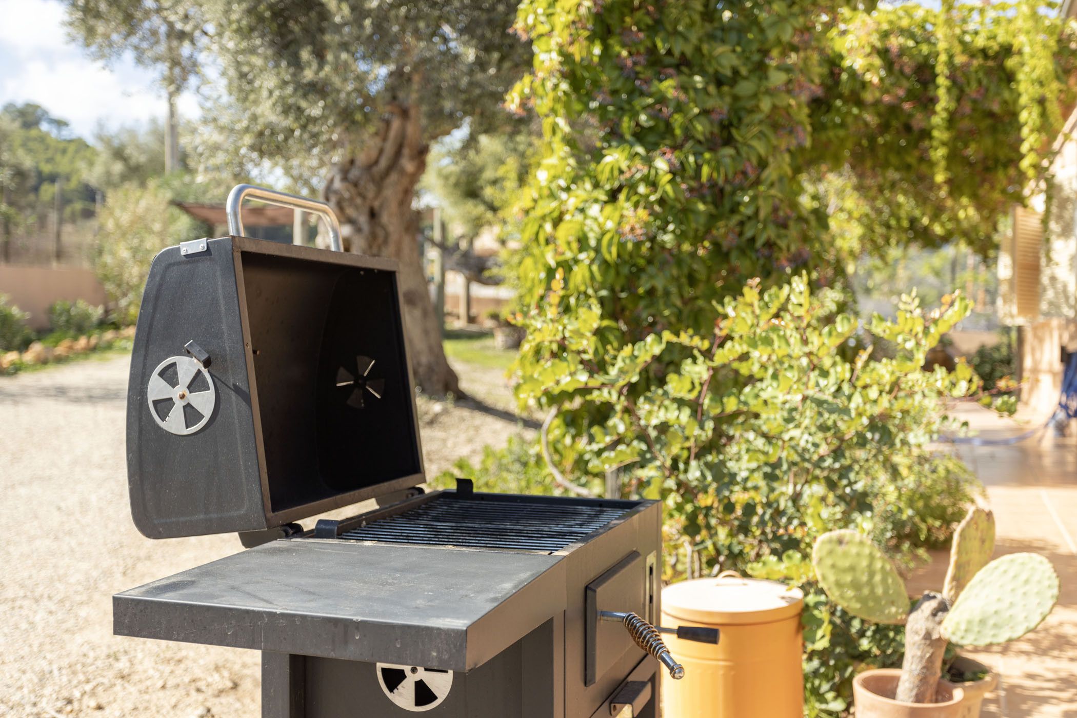 A portable grill with a lid open, a yellow container, and a cactus plant in the background.