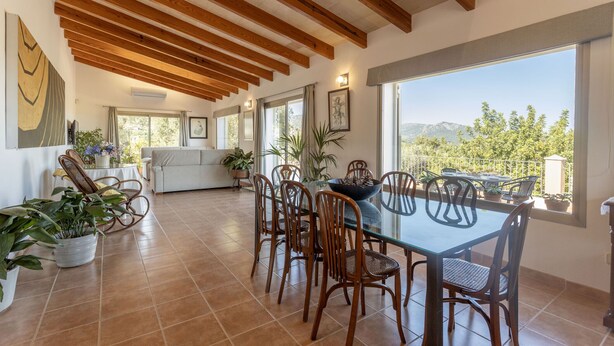 A dining area with a glass table and wooden chairs, surrounded by potted plants and a view of greenery.