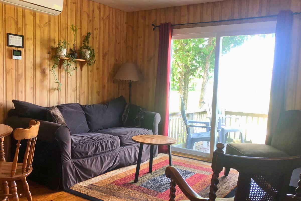 A cozy room with a wooden paneled wall, a dark blue sofa, a small round table, a wooden chair, and a view of the outdoors through a sliding door.